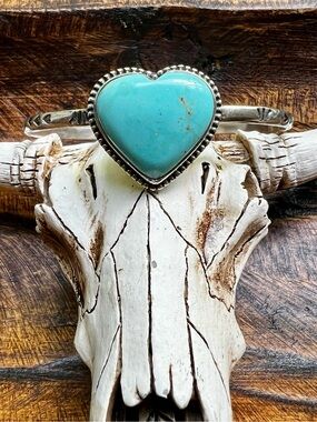 Kingman Turquoise Heart Cuff Bracelet Sterling Silver Adjustable
